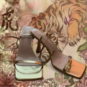 Gold metallic snake print strappy sandals with heel